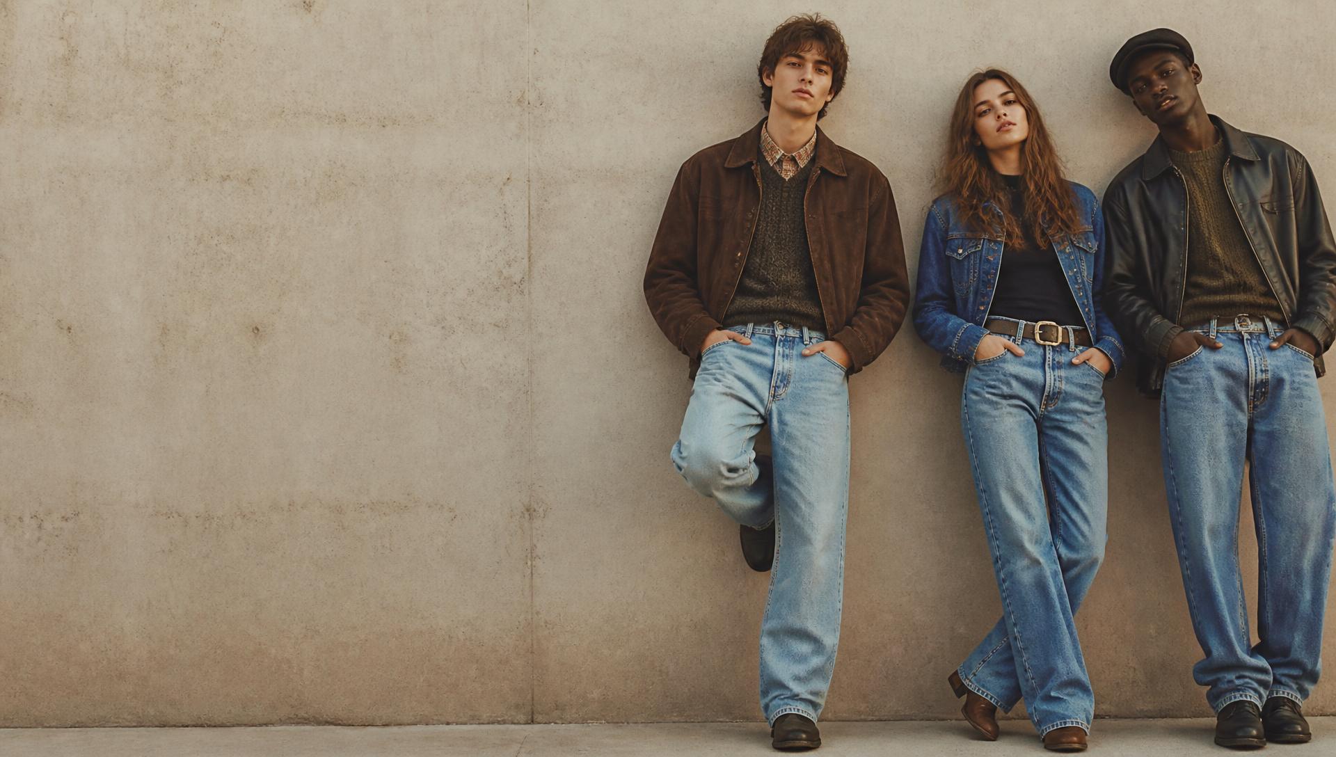 Tre persone con capi vintage e denim second-hand